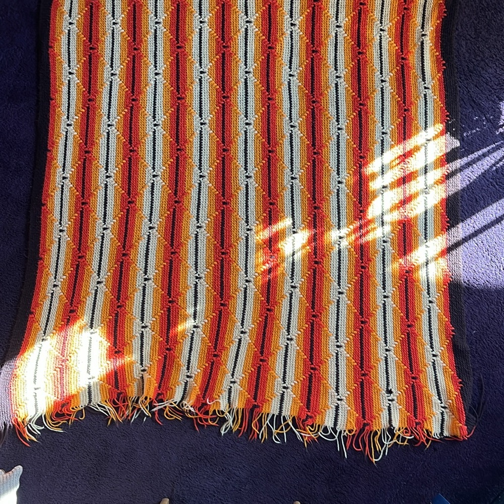 Vintage Afghan blanket  orange brown yellow fringed - Picture 3 of 9